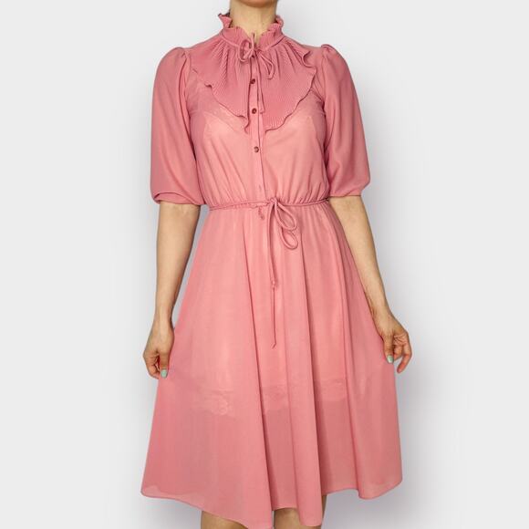 70s Sears Pink‎ Ruffle Collar Dress - Picture 1 of 8